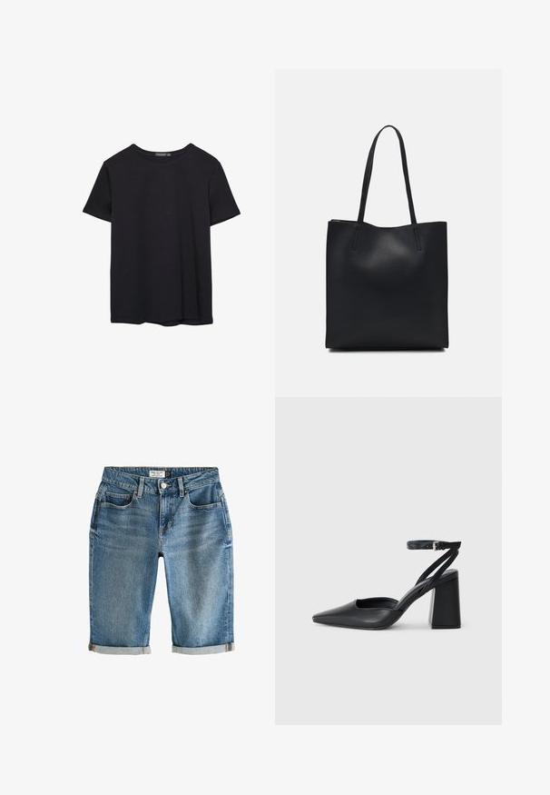 Jednoduché čierne bavlnené tričko s krátkym rukávom a okrúhlym výstrihom, umiestnené na bielom pozadí.; Modré denimové šortky po kolená s ohrnutým lemom, piatimi vreckami a kovovým zapínaním. Látka má mierne vyblednutý vzhľad.; Čierne kožené lodičky s špicatou špičkou a členkovým remienkom, s masívnym podpätkom. Hladký povrch, elegantný dizajn a minimalistická estetika.; Čierna kožená taška na rameno s hladkým povrchom, obdĺžnikovým tvarom a dvoma dlhými uchami. Bez viditeľného kovania alebo ozdôb.