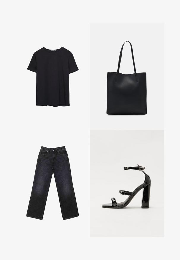 En enkel svart bomulls T-shirt med kort ärm och rund hals, uppvisad på en vit bakgrund.; Höga svarta denimjeans med vida ben, femficksdesign och synlig sömnad. Tyget har en jämn, något texturerad yta.; Svarta lackerade klacksandaler med fyrkantig tå, ankelremmar och silverfärgade spännen. Har en kraftig blockklack för stabilitet.; Svart lädertoffelväska med slät textur, rektangulär form och två långa handtag. Ingen synlig hårdvara eller dekorationer.