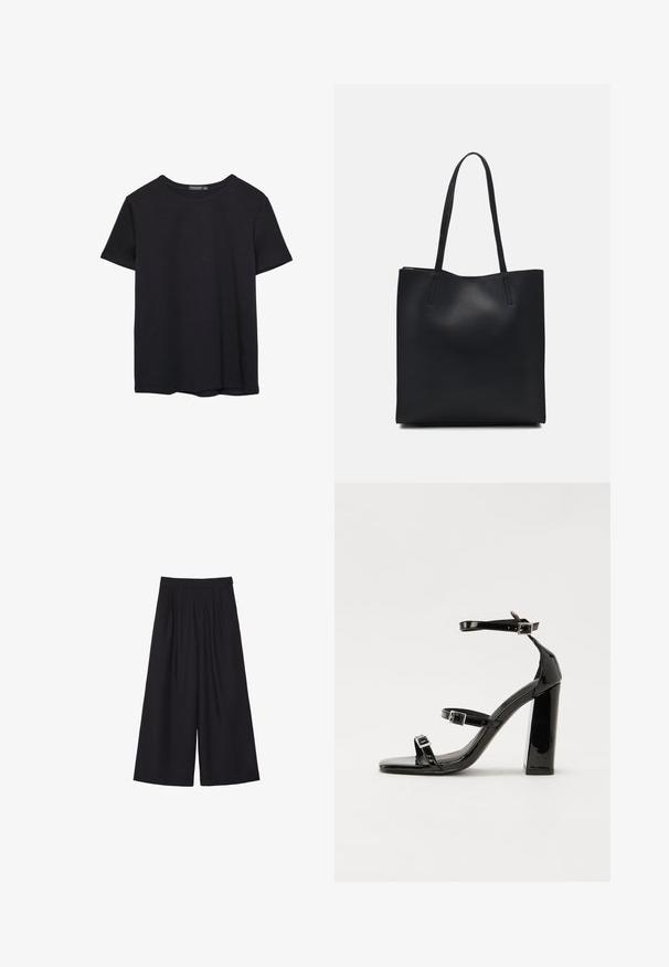Effen kortemouwen zwarte katoenen T-shirt met ronde hals, weergegeven op een witte achtergrond.; Zwarte wijde broek met plooien, gemaakt van een soepele stof. Heeft een hoge taille en een nette, op maat gemaakte snit.; Zwarte gepatenteerde sandalen met hak en een vierkante neus, enkelbandjes en zilveren gespen. Heeft een stevige blokhak voor stabiliteit.; Zwarte leren handtas met een gladde textuur, rechthoekige vorm en twee lange handvaten. Geen zichtbare hardware of versieringen.