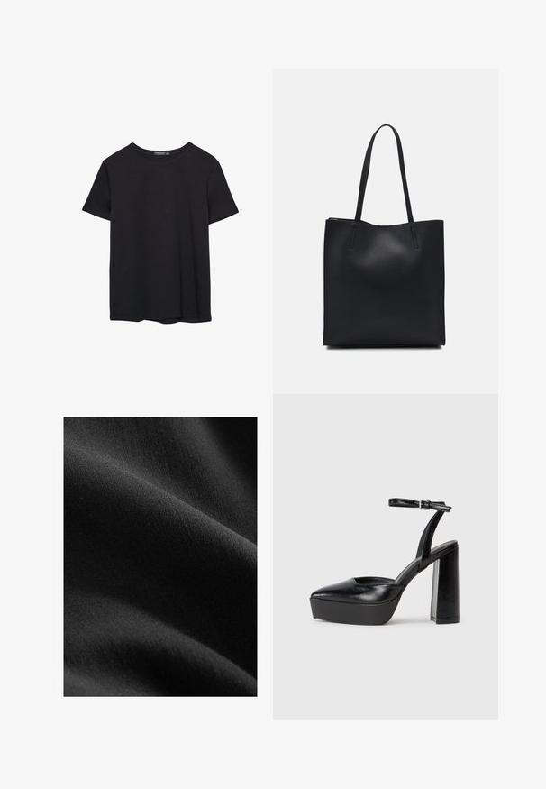 Prosta, krótko rękawowa czarna koszulka bawełniana z okrągłym dekoltem, prezentowana na białym tle.; Czarna tkanina o gładkiej, matowej teksturze, z subtelnymi wariacjami w odcieniu i włóknie, ułożona w sposób odsłaniający miękkie krzywizny i głębię.; Czarne platformy na wysokim obcasie z szpiczastym noskiem i regulowanym paskiem na kostkę. Wykonane z gładkiej skóry, z grubym słupkowym obcasem.; Czarna skórzana torba tote o gładkiej fakturze, prostokątnym kształcie i dwóch długich uchwytach. Brak widocznych elementów metalowych i ozdób.