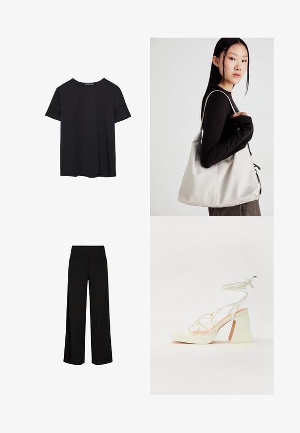 Pura crna pamučna majica kratkih rukava s okruglim izrezom, prikazana na bijeloj pozadini.; Crne hlače širokih nogavica s mekanim, rastezljivim pojasom. Glatka tkanina, dizajn punih dužina, bez vidljivih kopči ili uzoraka.; Bijela sandala na visokoj potpetici s debelim petom, s remenom i vezanjem oko gležnja. Glatka tekstura s platformom sprijeda za dodatnu visinu.; Bežna torba od mekog materijala s opuštenim dizajnom, šivanim detaljima i dva remena za rame. Pogodna za svakodnevnu upotrebu.