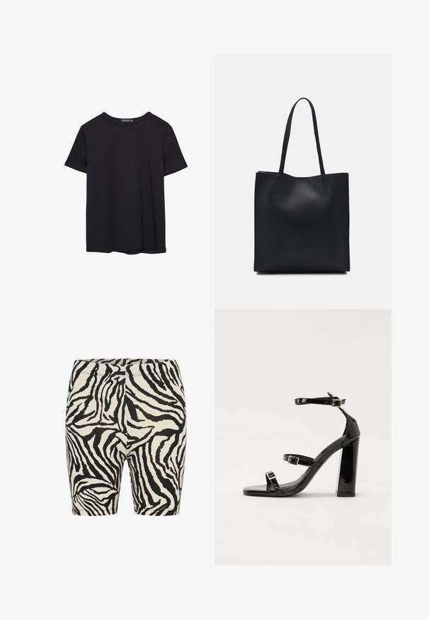 T-shirt nera in cotone a maniche corte con collo a giro, esposta su uno sfondo bianco.; Leggings corti con stampa a strisce zebrate in bianco e nero, dal texture morbido, vita elastica e design aderente, adatti per il tempo libero o l'esercizio.; Sandali con tacco in vernice nera, con punta squadrata, cinturini alla caviglia e fibbie in argento. Presentano un tacco a blocco spesso per maggiore stabilità.; Borsa tote in pelle nera con texture liscia, forma rettangolare e due manici lunghi. Nessun hardware o decorazione visibile.