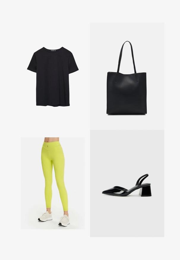 Jednoduché černé bavlněné tričko s krátkým rukávem a kulatým výstřihem, vystavené na bílém pozadí.; Neon žluté legíny s vysokým pasem, hladkým texture a zakřivenými švy; mají malé logo na pase. V kombinaci s bílými teniskami.; Černé lakované kožené lodičky na pásku s špičatou špičkou a geometrickým blokovým podpatkem. Vyznačují se elegantním, minimalistickým designem a hladkým povrchem.; Černá kožená taška přes rameno s hladkým povrchem, obdélníkovým tvarem a dvěma dlouhými uchy. Žádné viditelné kování ani ozdoby.