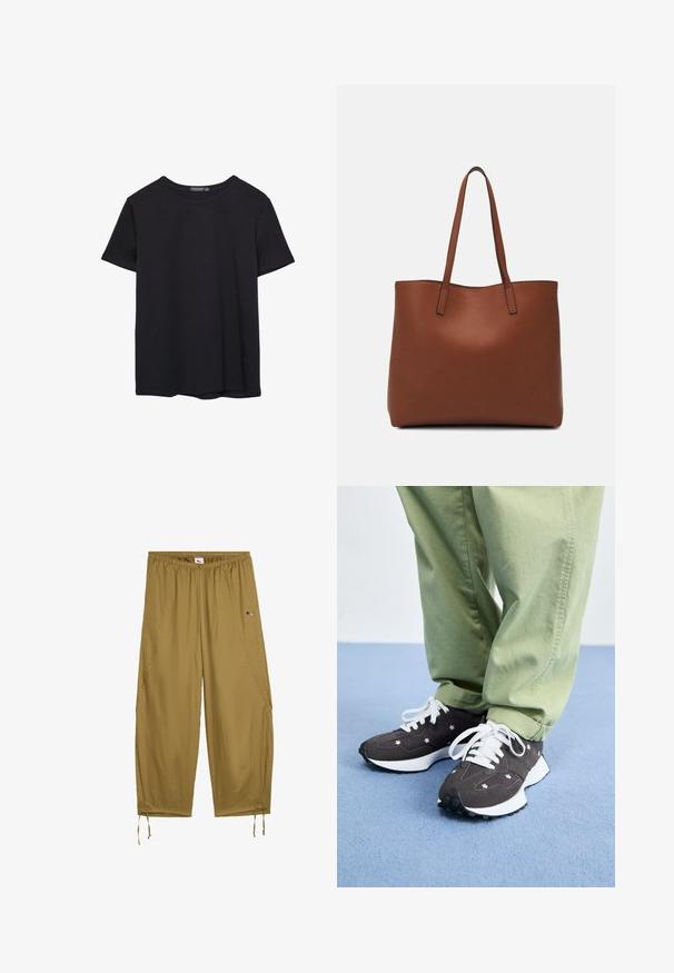 Effen kortemouwen zwarte katoenen T-shirt met ronde hals, weergegeven op een witte achtergrond.; Lichte, losse broek van kaki stof. Voorzien van een elastische tailleband, zijzakken en trekkoord aan de onderkant. Kleine logo-accent.; Donkergrijze sneakers met witte veters en bloemaccenten, met een dikke witte zool en een textuur materiaal. Draag je met lichtgroene broek.; Bruine leren tote bag met een gladde textuur, een ontwerp met een open bovenkant en twee schouderbanden. Kenmerkt zich door minimale stiksels en geen zichtbare hardware.