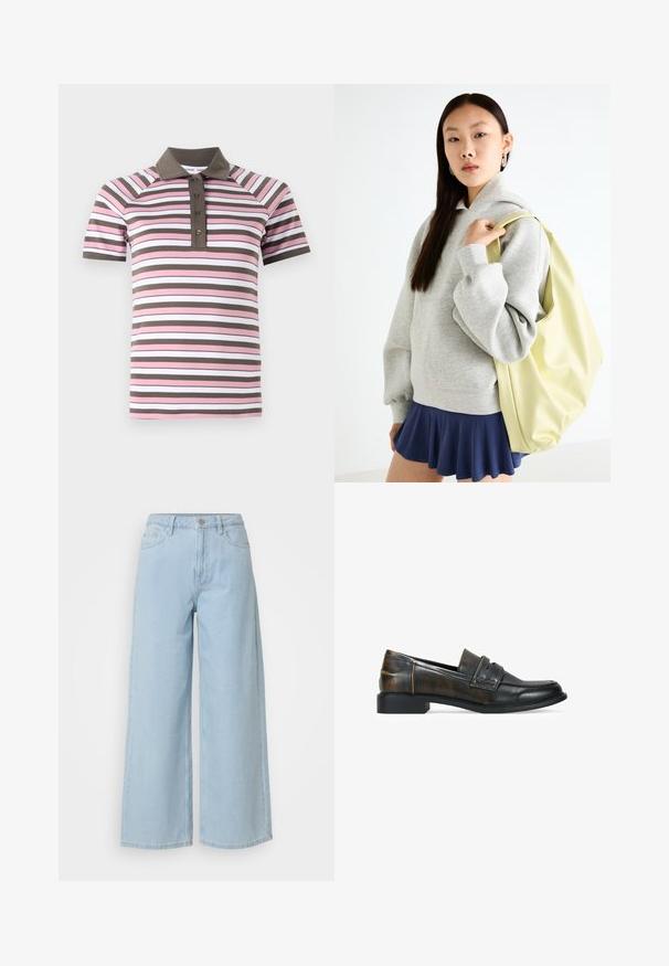 Camisa polo de manga corta con rayas horizontales rosas, blancas y marrones, cuello marrón y tapeta de botones.; Vaqueros de pierna ancha en azul claro, fabricados en denim, con cierre de botón y cremallera, dos bolsillos delanteros y un dobladillo limpio y terminado.; Mocasines de cuero negros con un acabado texturizado marrón, que cuentan con una correa en la parte superior, un tacón bajo y una punta redondeada lisa.; Sudadera de gran tamaño en color gris con un bolsillo canguro, combinada con una falda acampanada azul marino. Accesorio: mochila grande de color amarillo claro, con textura suave.