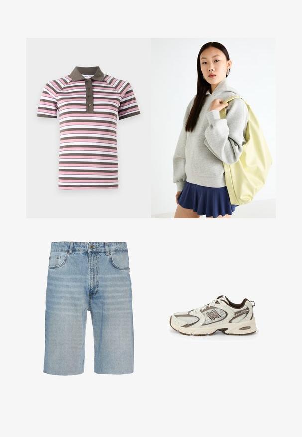 Polo tričko s krátkym rukávom s ružovými, bielymi a hnedými horizontálnymi pruhmi, hnedým golierom a gombíkovou légou.; Džínové šortky vo svetlom modrom odtieni, s klasickým dizajnom piatich vreciek, zapínaním na gombík, rovný strih a jemným vyblednutím na látke.; Biele a hnedé športové topánky s vrchnou časťou z obuvi z sieťoviny, zakriveným dizajnom, polstrovanou podrážkou a logom "N" na boku. Odolná gumová podrážka.; Sivá oversized mikina s klokanským vreckom, skombinovaná s námorníckou rozšírenou sukňou. Doplnok: veľký svetložltý batoh s hladkým povrchom.