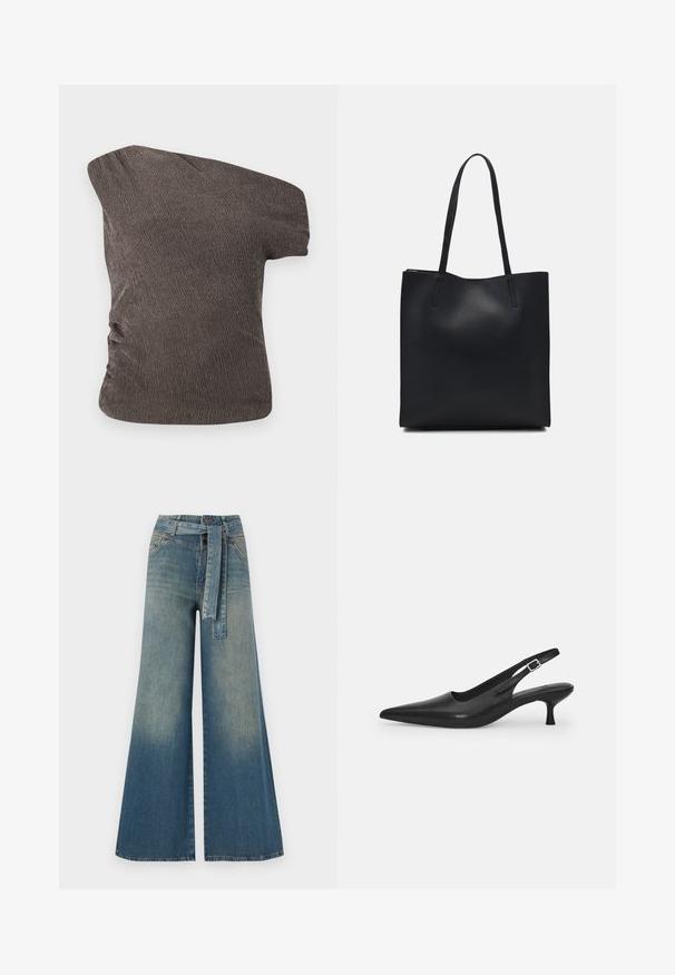 Ruda vieno peties viršutinė dalis su tekstūruotu, susiraukšlėjusių audiniu; turi surauktą šoną ir prigludusią siluetą.; Platus džinsinis kelnes su šviesiai tamsiai mėlynu gradientu, aukštu juosmeniu, diržo kilpomis ir atitinkančiu audinio diržu. Textūruotas džinsinis paviršius.; Juodos odinės slingback bateliai su smailiu nosiu ir plonu, lenktu kulnu. Yra diskretiška reguliuojama juostelė su metaliniu sagtimi.; Juodas odinis tote krepšys su lygia tekstūra, stačiakampio formos ir dviem ilgais rankenomis. Matomų metalinių detalių ar puošybos nėra.