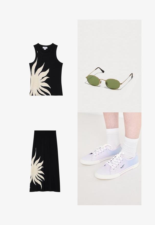 Never Fully Dressed SOL - Top - black; Black skirt featuring a large white sun design on one side, soft texture, and a flowing shape, suitable for casual wear.; Light purple and blue canvas sneakers with white laces and rubber soles, featuring a logo on the side and contrasting color panels.; Oval sunglasses with green lenses, gold metal frame, and dark brown plastic tips. Lightweight with visible Ray-Ban logo on one lens.; Yellow pleated handbag made of smooth faux leather, featuring a soft shape with a single shoulder strap and gathered top design.; Silver metal earrings with a wavy, sculptural design featuring a polished finish and irregular shapes, highlighting a contemporary aesthetic.