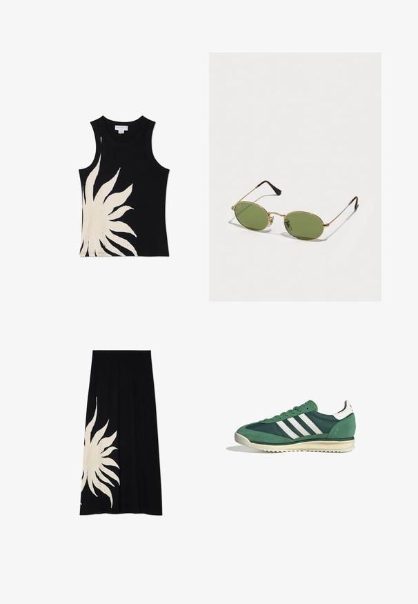 Never Fully Dressed SOL - Top - black; Zwarte rok met een groot wit zonnenontwerp aan één kant, zachte textuur en een vloeiende vorm, geschikt voor casual kleding.; Groene sportieve schoenen van een combinatie van suede en synthetische materialen, met drie witte strepen en een gestructureerde rubberen zool.; Ovale zonnebrillen met groene glazen, gouden metalen frame en donkerbruin plastic uiteinden. Lichtgewicht met zichtbaar Ray-Ban-logo op één glas.; Geel geplooide handtas van soepel nepleer, met een zachte vorm, een enkele schouderriem en een verzameld ontwerp aan de bovenkant.; Zilveren metalen oorbellen met een golvend, sculpturaal ontwerp, voorzien van een gepolijste afwerking en onregelmatige vormen, die een hedendaagse esthetiek benadrukken.