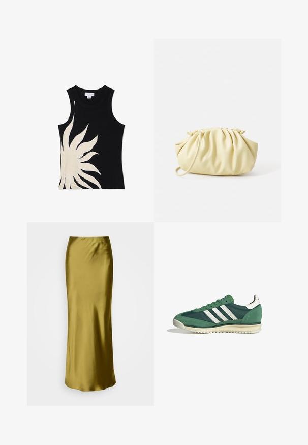 Never Fully Dressed SOL - Top - black; Falda de satén verde oliva, de talle alto, con un diseño ajustado, forma cónica y textura suave, destinada a un estilo de longitud hasta el suelo.; Zapatillas deportivas verdes que combinan ante y materiales sintéticos, con tres franjas blancas y una suela de goma texturizada.; Bolso amarillo plisado hecho de cuero sintético suave, con una forma blanda y una sola correa para el hombro, además de un diseño de parte superior recogida.; Pendientes de metal plateado con un diseño ondulado y escultórico, que presentan un acabado pulido y formas irregulares, destacando una estética contemporánea.