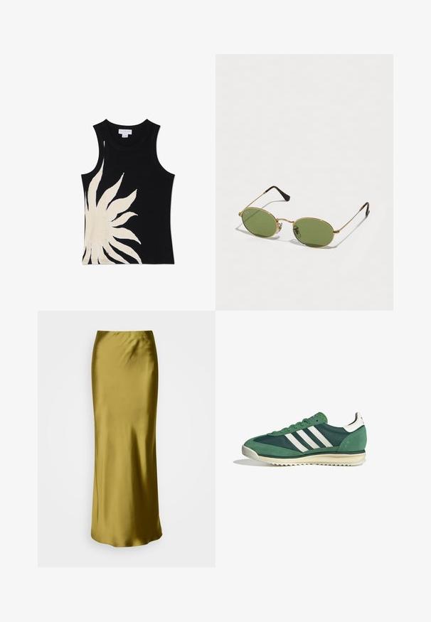 Never Fully Dressed SOL - Top - black; Satijnen, olijfgroene, high-waisted rok met een slank, aansluitend ontwerp, taps toelopende vorm en een gladde textuur, bedoeld voor een vloerlange stijl.; Groene sportieve schoenen van een combinatie van suede en synthetische materialen, met drie witte strepen en een gestructureerde rubberen zool.; Ovale zonnebrillen met groene glazen, gouden metalen frame en donkerbruin plastic uiteinden. Lichtgewicht met zichtbaar Ray-Ban-logo op één glas.; Zilveren metalen oorbellen met een golvend, sculpturaal ontwerp, voorzien van een gepolijste afwerking en onregelmatige vormen, die een hedendaagse esthetiek benadrukken.