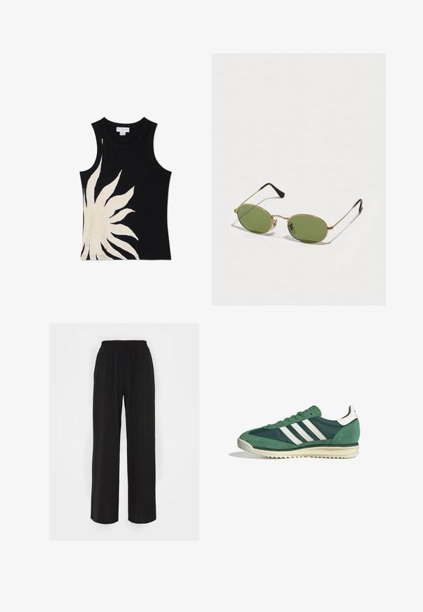 Never Fully Dressed SOL - Top - black; Zwarte wijde pantalons met een elastische tailleband, gemaakt van een textiele stof en met een losse pasvorm. Ontworpen voor comfort en bewegingsvrijheid.; Groene sportieve schoenen van een combinatie van suede en synthetische materialen, met drie witte strepen en een gestructureerde rubberen zool.; Ovale zonnebrillen met groene glazen, gouden metalen frame en donkerbruin plastic uiteinden. Lichtgewicht met zichtbaar Ray-Ban-logo op één glas.; Geel geplooide handtas van soepel nepleer, met een zachte vorm, een enkele schouderriem en een verzameld ontwerp aan de bovenkant.; Zilveren metalen oorbellen met een golvend, sculpturaal ontwerp, voorzien van een gepolijste afwerking en onregelmatige vormen, die een hedendaagse esthetiek benadrukken.