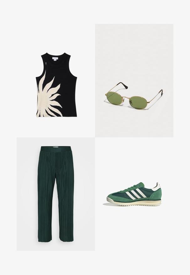 Never Fully Dressed SOL - Top - black; Tamnozelene plisirane široke hlače s elastičnim pojasom, prikazane na jednostavnoj bijeloj pozadini.; Zeleni atletski tenisice koje sadrže kombinaciju antilopa i sintetičkih materijala, tri bijele pruge i strukturiranu gumenu potplate.; Ovalne sunčane naočale sa zelenim lećama, okvirom od zlatnog metala i tamnosmešnim plastičnim vrhovima. Lagane i sa vidljivim Ray-Ban logom na jednoj leći.; Zlatna metalik torbica s glatkom teksturom, s trokutastim zatvaranjem na preklop. Ruka koja je drži ima uredno nj njegovane nokte.; Srebrne metalne naušnice s valovitim, skulpturalnim dizajnom, naglašenim sjajnom završnom obradom i nepravilnim oblicima, što ističe suvremeni estetski izraz.