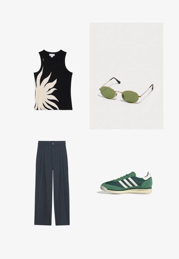 Never Fully Dressed SOL - Felső - black; Textúrájú, sötétszürke anyagból készült, bő szárú nadrág, elülső redőkkel, gombos záródással és oldalsó zsebekkel a praktikum érdekében.; Zöld sportcipők, amelyek bársonyos és szintetikus anyagok keverékéből készültek, három fehér csíkkal és struktúrált gumitalppal.; Ovális napszemüveg zöld lencsékkel, arany színű fém kerettel és sötétbarna műanyag végződésekkel. Könnyű, az egyik lencsén látható Ray-Ban logóval.; Sárga redőzött kézitáska sima műbőrből, puha formával, egy vállpánttal és ráncolt felső kialakítással.; Ezüst fém fülbevalók hullámos, szobrászati kialakítással, fényes felülettel és szabálytalan formákkal, amelyek a kortárs esztétikát hangsúlyozzák.