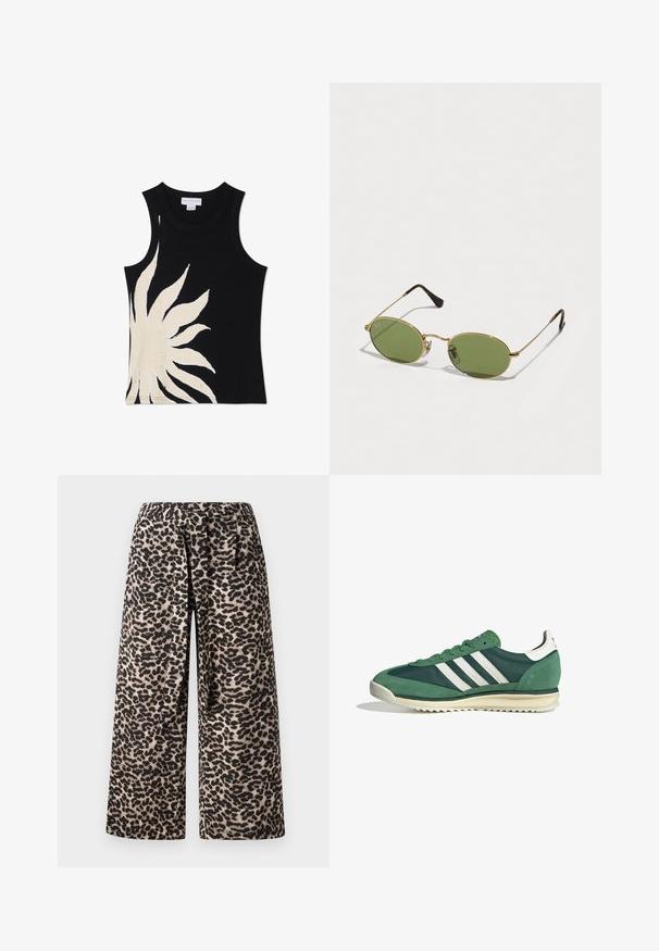 Never Fully Dressed SOL - Top - black; Pantaloni a gamba larga con fantasia leopardata, caratterizzati da una combinazione di colori nera e beige, tessuto morbido e una cintura elastica per il massimo comfort.; Scarpe da ginnastica verdi realizzate con un mix di materiali scamosciati e sintetici, con tre strisce bianche e una suola in gomma testurizzata.; Occhiali da sole ovali con lenti verdi, montatura in metallo dorato e punte in plastica marrone scuro. Leggeri, con il logo Ray-Ban visibile su una lente.; Borsa plissettata gialla in morbida pelle ecologica, con una forma morbida, una sola tracolla e un design superiore arricciato.