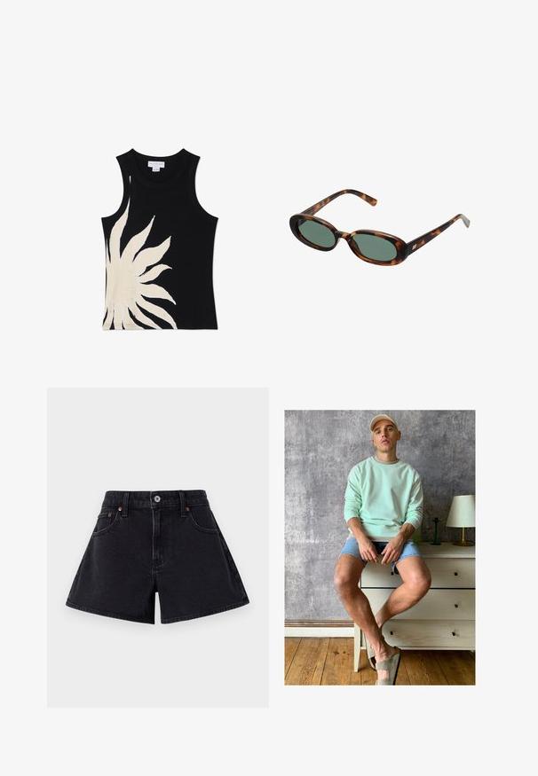 Never Fully Dressed SOL - Tops - black; Melni džinsi īsie šorti ar augstu jostasvietu, ar priekšējo pogu aizdari, piecu kabatu dizainu un nedaudz īsāku formu.; Miķeļzaļš džemperis, džinsu šorti un olīvu zaļi slip-on apavi. Sēž uz gaišas krāsas kumodes pret teksturētu pelēku sienu.; Bruņurupuča apvalka saulesbrilles ar ovālām rāmēm un zaļiem stikliem. Rāmjiem ir plānas kājas ar metāla akcentu tuvu eņģēm.; Dzeltena plisētā rokas soma, izgatavota no gludas mākslīgās ādas, ar mīkstu formu, vienu plecu siksnu un sakrautu augšdaļu.; Sudraba riņķveida auskari ar gludu, pulētu apdari. Apaļas formas, viegla konstrukcija, ar drošu aizdari.