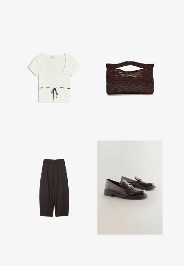 Hvid strikket top med bådudskæring og korte ærmer. Har mørkeblå snøre detaljer ved taljen og vandrette dekorative linjer.; Sorte brede bukser lavet af et glat stof, med høj talje, forfaldne folder og sidelommer. Simpelt design uden udsmykninger.; Bordeaux patent læder loafers med rund tå, polstret sål og en sort gummisål. Har en dekorativ rem på tværs af forsiden.; Vævet brun læderhåndtaske med et afrundet topgreb og en åben silhuet, der har en struktureret overflade og et elegant, minimalistisk design.