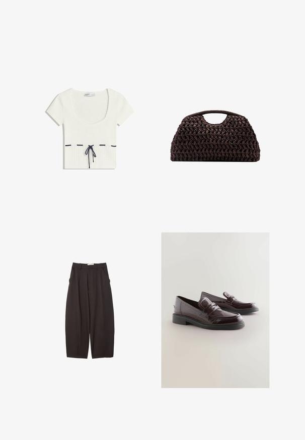 White knitted top with a scoop neckline and short sleeves. Features dark blue drawstring detailing at the waist and horizontal accent lines.; Black wide-leg trousers made from a smooth fabric, featuring a high waist, front pleats, and side pockets. Simple design without embellishments.; Burgundy patent leather loafers with a rounded toe, cushioned insole, and a black rubber sole. Features a decorative strap across the front.; Woven brown handbag with a rounded silhouette, featuring a top handle and textured surface. Compact design with a flat base for stability.