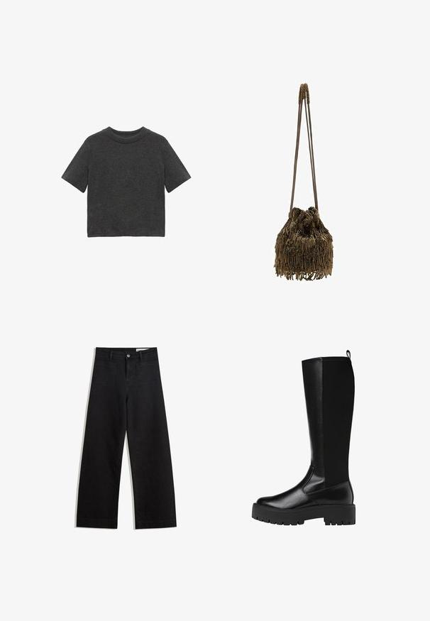 Tamno siva majica s kratkim rukavima i okruglim izrezom, izrađena od mekog materijala, s jednostavnim dizajnom bez vidljivih uzoraka ili akcenata.; Crne široke traperice s visokim strukom, s prednjim i stražnjim džepovima, šivenim šavovima i kopčanjem na gumb. Glatka tekstura.; Crne sintetičke čizme do koljena s glatkom, teksturiranom površinom i debelim gumiranim potplatom. Imaju petlju na stražnjem dijelu za jednostavno oblačenje.; Brončana torba s nabranim vrhom, ukrašena dugim, tankim resicama. Dvije vitke trake za nošenje. Teksturirana površina s metalik sjajem.