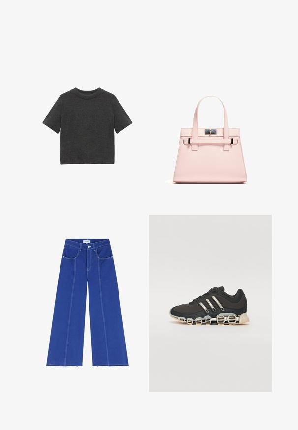 Dark gray short-sleeve t-shirt with a rounded neckline, made from soft fabric, featuring a simple design without visible patterns or accents.; Scalpers STITCHING - Flared Jeans - blue; Black athletic shoe with a textured upper, three silver stripes, and a distinctive cushioning sole featuring multiple integrated sections.; Pink structured handbag made of textured leather, featuring two top handles, a clasp closure, and contrasting metal accents.