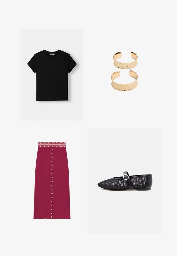 T-shirt nera in cotone con maniche corte, scollatura rotonda e vestibilità comoda. Design semplice senza motivi o decorazioni.; Gonna midi color marrone con una cintura decorata, caratterizzata da bottoni decorativi sulla parte frontale. Realizzata in un tessuto morbido con leggero elasticità.; Scarpa Mary Jane piatta in rete nera con punta arrotondata, cinturino regolabile, fibbia argentata e supporto per il tallone rigido su sfondo bianco.; Bracciali in metallo dorato con una finitura martellata, caratterizzati da un design aperto e bordi lisci. Due dimensioni presentate: una più larga e una più sottile.