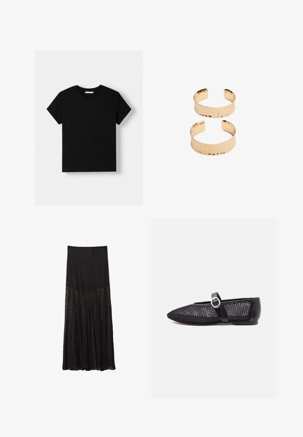 T-shirt en coton noir à manches courtes, col rond et coupe ample. Design uni sans motifs ni embellissements.; Jupe maxi noire en dentelle avec un design à niveaux, un motif texturé et une silhouette fluide. Taille élastique pour un ajustement réglable.; Ballerine noire en mesh de type Mary Jane avec un bout rond, sangle ajustable, boucle en argent et contrefort solide sur fond blanc.; Bracelets en métal doré au ton vieilli avec une texture martelée, présentant un design ouvert et des bords lisses. Deux tailles présentées : une plus large, l'autre plus fine.