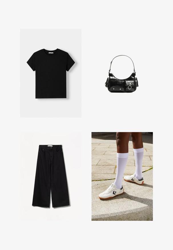 Fekete pamut póló rövid ujjú, kerek nyakkivágással és laza fazonnal. Egyszerű dizájn, minta vagy díszítés nélkül.; Bershka WIDE-LEG - Széles szárú - black; Fehér sportcipők, texturált felülettel, fekete részletekkel és barna gumitalppal, térdig érő fehér zoknikkal párosítva.; Fekete lakkbőr kézitáska ívelt formával, egy vállpánttal, elülső zsebekkel és ezüstszínű fémrészletekkel.