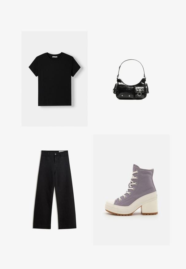 Black cotton t-shirt with short sleeves, round neckline, and a relaxed fit. Plain design without patterns or embellishments.; Black wide-leg denim pants with a high waist, featuring front and back pockets, stitched seams, and a button closure. Smooth texture.; Purple canvas ankle boots with white laces, rubber toe cap, and chunky white heels. Textured grip sole for added traction.; Black patent leather handbag with a curved shape, one shoulder strap, front pockets, and silver-tone hardware accents.