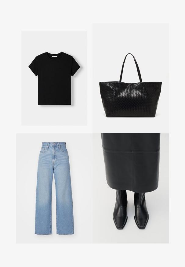 Tricou negru din bumbac, cu mâneci scurte, decolteu rotund și o croială lejeră. Design simplu, fără modele sau embellishments.; Jeans largi de culoare albastru deschis din denim. Au talie înaltă, design cu cinci buzunare și închidere cu nasture. Croială dreaptă cu o margine curată.; Bocanci negri din piele, cu glezna înaltă, design cu vârf pătrat și fermoar lateral. Textură netedă și hardware minim; asortați cu o fustă neagră din piele.; Geantă de umăr țesută neagră, cu două mânere rezistente, având o textură lucioasă și un design deschis, spațios la partea superioară.