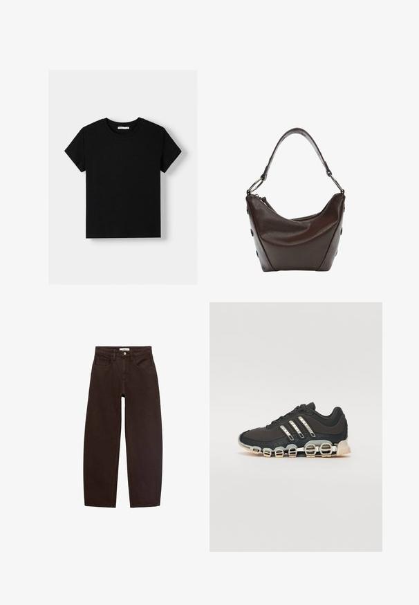Tricou negru din bumbac, cu mâneci scurte, decolteu rotund și o croială lejeră. Design simplu, fără modele sau embellishments.; Jeans din denim maron cu croi relaxat, având cinci buzunare, nasturi pentru curea și fermoar clasic. Textură netedă și croială dreaptă.; Pantof cu aspect sport de culoare neagră, cu un superior texturat, trei dungi argintii și o talpă de amortizare distinctivă, ce prezintă multiple secțiuni integrate.; Geantă de mână din piele maro închis, cu o formă curbată, închidere cu fermoar și un mânere scurt. Include accesorii metalice și butoane decorative negre pe lateral.