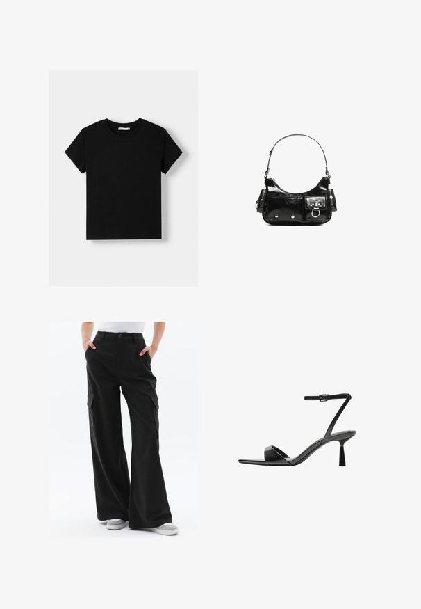 Zwarte katoenen t-shirt met korte mouwen, ronde halslijn en een ontspannen pasvorm. Eenvoudig ontwerp zonder patronen of versieringen.; Brede cargobroek van donkergroene stof met zijzakken en een knoopsluiting. Gladde textuur met een getailleerde pasvorm. Gepaard met grijze sneakers.; Bershka Sandalen met hoge hak - black; Zwarte laarzen in lakleer met een gebogen vorm, één schouderband, voorvakken en accenten in zilverkleurig metaal.