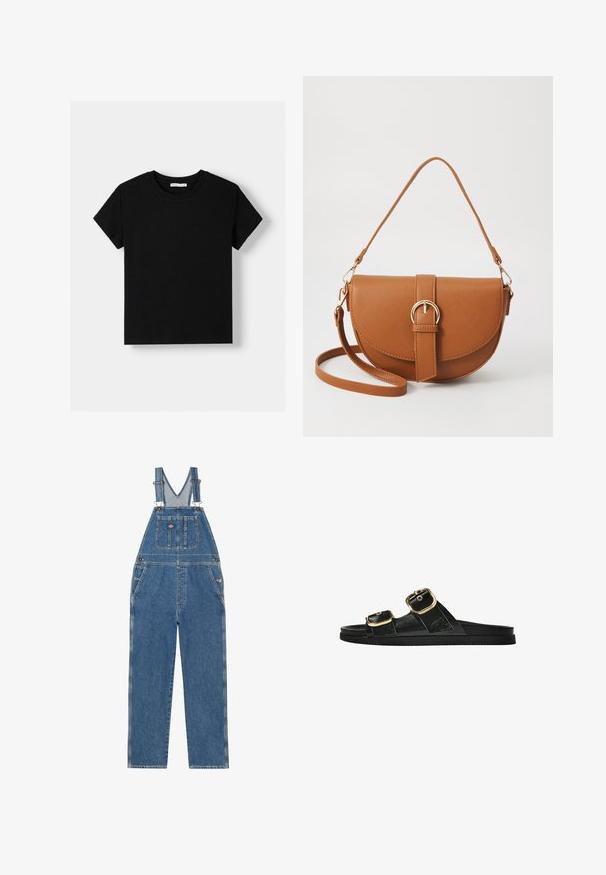 Črna bombažna majica s kratkimi rokavi, okroglim izrezom in sproščenim krojem. Enostaven dizajn brez vzorcev ali okrasitev.; Farmerski kombinezon iz denima z nastavljivimi naramnicami, v-oblikovano pokrivalo, sprednji žep in stranske žepke. Ima klasično modro barvo in kontrastne šive.; Črne drsne sandale z dvema zlatima zaponkama, gladkega materiala, ravnim podplatom in minimalističnim dizajnom.; Rjava usnjena torbica prek telesa s ukrivljeno obliko, zlate opreme in sponko. Ima odstranljiv naramni trak.