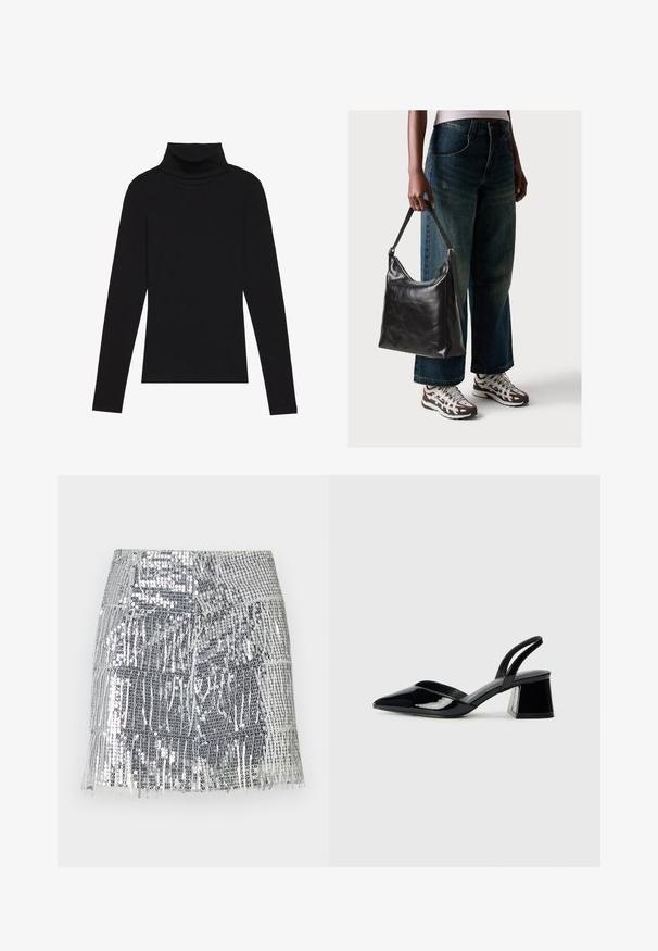Black turtleneck long-sleeve top, made of ribbed fabric, features a fitted design with a high neckline and no patterns or accents.; Silver sequined mini skirt with fringe detailing. Made from shiny material, featuring a fitted waist and layered horizontal designs.; Black patent leather slingback heels with a pointed toe and a geometric block heel. Features a sleek, minimal design and smooth texture.; Black leather shoulder bag with a smooth texture and adjustable strap, paired with faded wide-leg jeans and athletic sneakers.