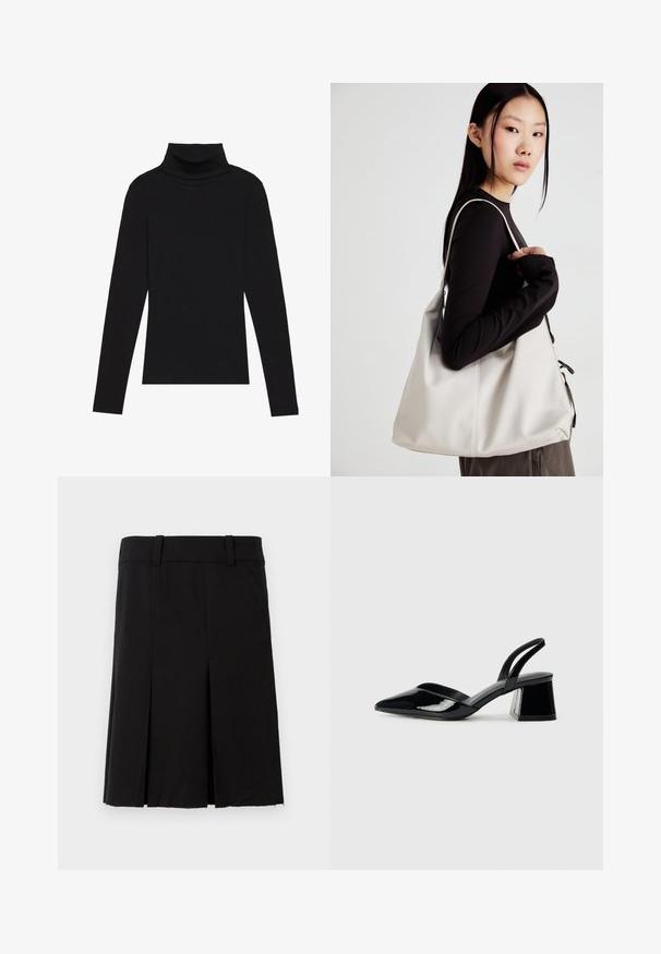 Melnā turtlenecka garām piedurknēm augšdaļa, izgatavota no ribotas auduma, ar pieguļošu piegriezumu, augstu kakla izgriezumu un bez rakstiem vai akcentiem.; Melnā plisētā svārku izstrādājums, kas izgatavots no auduma ar gludu tekstūru. Tam ir pieguļošs vidukļa josla un taisns piegriezums ar ceļgala garuma apdari.; Melna lakota āda ar atvērto papēdi, ar smailu purngalu un ģeometrisku blokpapēdi. Iezīmējas elegants, minimāls dizains un gluda tekstūra.; Bežs rokassoma, izgatavota no mīksta materiāla, ar brīvu dizainu, izšūtu apdari un divām plecu siksnām. Piemērota ikdienas lietošanai.