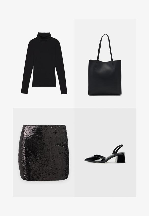 Sort højhalset bluse med lange ærmer, lavet af ribbet stof, har et tætsiddende design med en høj krave og uden mønstre eller detaljer.; Sort palietteret mini nederdel med en tætsiddende form, glat tekstur og skinnende overflade, der reflekterer lys og skaber visuel interesse.; Sorte patentlæder slingback hæle med spids tå og en geometrisk blok hæl. Har et elegant, minimalistisk design og en glat tekstur.; Sort læder tote taske med glat tekstur, rektangulær form og to lange hanke. Ingen synlig hardware eller udsmykninger.