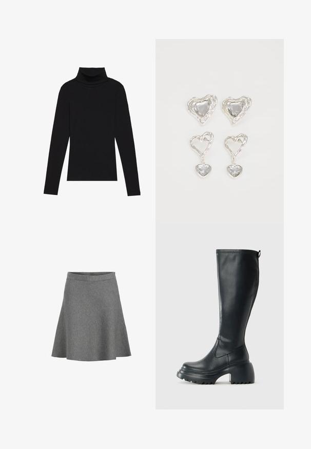 Svart polokrage långärmad topp, tillverkad av ribbat tyg, har en figurnära design med hög hals och inga mönster eller accenter.; Grå utsvängd kjol gjord av mjukt tyg, med en slät midja och en nederkant som snyggt svänger ut, med en subtil textur och utan mönster.; Höga svarta läderstövlar med kraftig plattformssula och blockklack, med dragflik och strukturerat mönster på yttersulan.; Silvriga örhängen i hjärtform har slipade klara stenar och en texturerad ram. Setet inkluderar både stift- och hängande stilar.