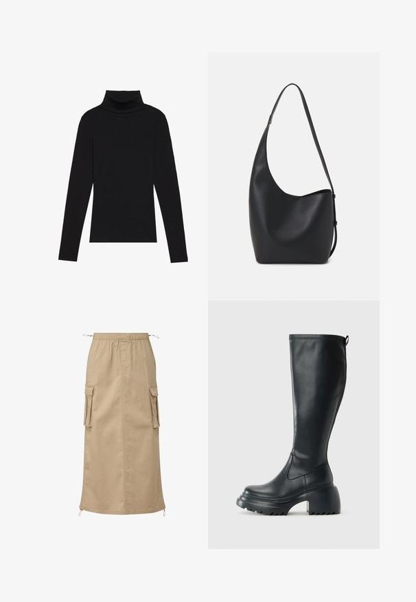 Haut à manches longues noir à col roulé, fabriqué en tissu côtelé, présente un design ajusté avec un col haut et sans motifs ni accents.; Jupe cargo beige en tissu léger, dotée d'une taille élastique, de deux poches latérales et de détails à cordon au niveau de l'ourlet.; Botte en cuir noir haute avec semelle plateforme épaisse et talon carré, dotée d'une languette et d'un motif texturé sur la semelle extérieure.; Sac hobo en cuir noir avec une texture lisse, une forme incurvée et une seule sangle réglable ; dispose d'une large ouverture en haut.