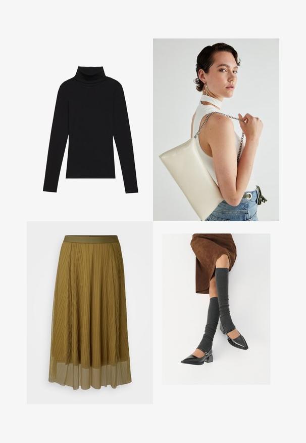 Fekete garbónyakú, hosszú ujjú felső, bordás anyagból készült, testhez álló fazonnal, magas nyakkal, minták és díszítések nélkül.; Ráncolt olajzöld szoknya szilárd derékrésszel és áttetsző alsó résszel. Az egész hosszában függőleges ráncokkal rendelkezik.; Fekete lakk bőrből készült, hegyes orrú cipők, tömbsarkúakkal és bokapánttal, szürke bordás lábszármelegítőkkel és barna velúr szoknyával párosítva.; Fehér, téglalap alakú, fényes anyagból készült clutch táska, ezüst láncos pánttal. A modell pózol, bemutatva a táskát egy egyszínű háttér előtt.