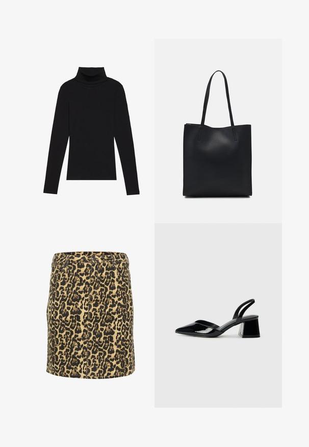 Schwarzes langärmeliges Turtleneck-Oberteil aus geripptem Stoff, mit einer taillierten Passform, hohem Kragen und ohne Muster oder Akzente.; Jeansrock mit Leopardenmuster in taillierter Passform, schwarzes und braunes Muster auf einem hellbeigen Grund, mit Eingrifftaschen vorne und einem klassischen Taillenbund.; Schwarze Lackleder-Slingback-High Heels mit spitzem Schuh und einem geometrischen Blockabsatz. Verfügt über ein schlankes, minimalistisches Design und eine glatte Textur.; Schwarze Laptoptasche aus Leder mit glatter Textur, rechteckiger Form und zwei langen Griffen. Keine sichtbaren Beschläge oder Verzierungen.