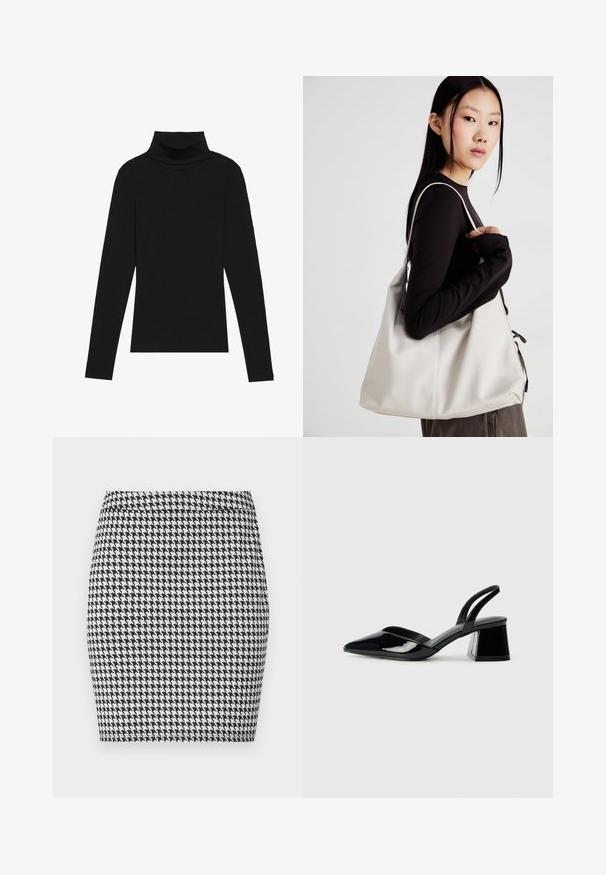 Fekete garbónyakú, hosszú ujjú felső, bordás anyagból készült, testhez álló fazonnal, magas nyakkal, minták és díszítések nélkül.; Fekete-fehér houndstooth minta, testhez simuló szoknya, sima textúrával és egyszínű derékrésszel. Nincs látható hardver vagy kiegészítő.; Fekete lakk bőr szandálkés magas sarkú cipő, hegyes orral és geometrikus tömbsarkakkal. Karcsú, minimalista dizájn és sima textúra jellemzi.; Puha anyagból készült bézs kézitáska, laza dizájnnal, varrott részletekkel és két vállpánttal. Mindennapi használatra alkalmas.
