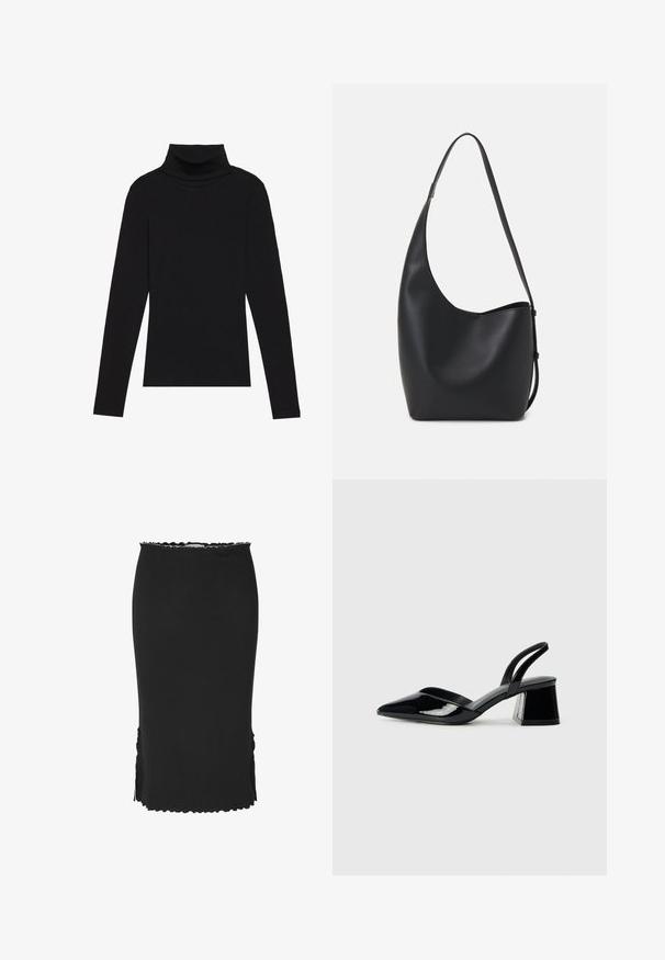 Maglione a collo alto nero a maniche lunghe, realizzato in tessuto a coste, presenta un design aderente con un collo alto e senza motivi o dettagli.; Gonna nera lunga fino alla caviglia realizzata in un tessuto testurizzato, con orlo a scallop e spacco laterale per facilitare il movimento.; Décolleté in vernice nera con punta affusolata e tacco in geometria cubica. Presentano un design elegante e minimalista, con una texture liscia.; Borsa hobo nera in pelle con una superficie liscia, forma curvata e una singola tracolla regolabile; presenta un'ampia apertura nella parte superiore.