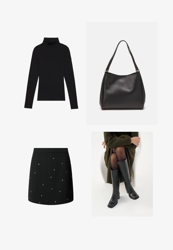 Černý rolák s dlouhým rukávem, vyrobený z žebrované látky, má upnutý střih s vysokým výstřihem a žádné vzory ani akcenty.; Černá sukně z hladké tkaniny, s náhodně rozmístěnými stříbrnými cvočky jako akcenty. Rovný střih s čistým lemem.; Černé kožené boty po kolena s hranatou špičkou a blokovým podpatkem, předvedené na modelce sedící v olivově zeleném kabátu. Hladký povrch, minimalizované detaily.; Černá dámská kabelka z umělé kůže s jemnou texturou, tvaru hobo a dvojitými ramenními popruhy; má lesklý povrch a minimalistický design.