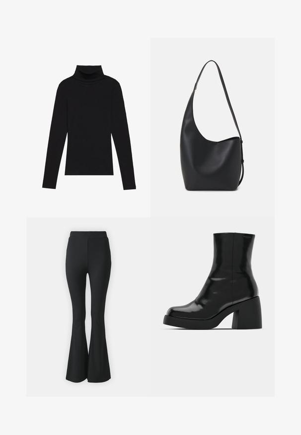 Black turtleneck long-sleeve top, made of ribbed fabric, features a fitted design with a high neckline and no patterns or accents.; Black flared trousers made from stretchy fabric. Features a high waistband and a smooth, fitted design that flares from the knee downward.; Black ankle boots with a glossy finish, square toe, and a thick block heel. The design features a seamless silhouette and minimal branding.; Black leather hobo bag with a smooth texture, curved shape, and single adjustable strap; features a wide opening at the top.