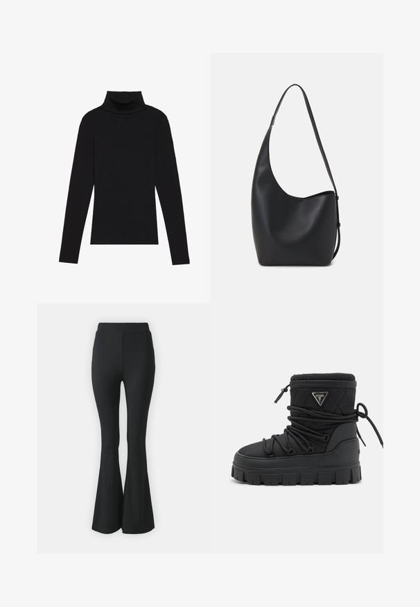 Juoda turtleneko ilgo rankovės viršutinė dalis, pagaminta iš raukšlėtos medžiagos, turi prigludusią formą, aukštą apykaklę ir neturi jokių raštų ar akcentų.; Juoda platės kelnės, pagamintos iš tamprios medžiagos. Turi aukštą juosmenį ir glotnią, prisitaikančią struktūrą, kuri išsiplėtė nuo kelio žemyn.; Juodas paminkštintas nepralaidus vandeniui batas su dirbtiniu kailiniu apvadu, guma padalais ir raištelių detalėmis. Šone yra logotipo plokštelė.; Juodas odinis hobo maišas su lygiu paviršiumi, kreipta forma ir viena reguliuojama rankena; turi platų atidarymą viršuje.