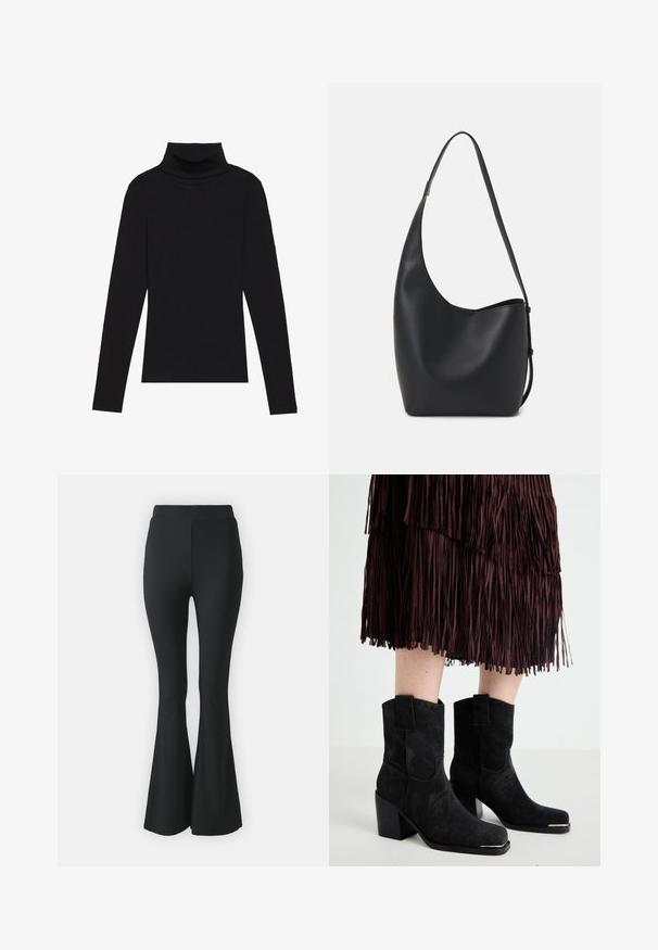 Melnā turtlenecka garām piedurknēm augšdaļa, izgatavota no ribotas auduma, ar pieguļošu piegriezumu, augstu kakla izgriezumu un bez rakstiem vai akcentiem.; Melni platas bikses, kas izgatavotas no elastīga auduma. Tām ir augsts viduklis un gluda, pieguloša forma, kas paplašinās no ceļa uz leju.; Melni zamšas potīšu zābaki ar kvadrātu formu, augstu blokveida papēdi un dekoratīvām cilpu akcents uz kājas, kas ir apvienoti ar brūnu svārku ar franjām.; Melnas ādas hobo soma ar gludu tekstūru, izliekta forma un vienu regulējamu jostu; augšā ir plaša atvere.