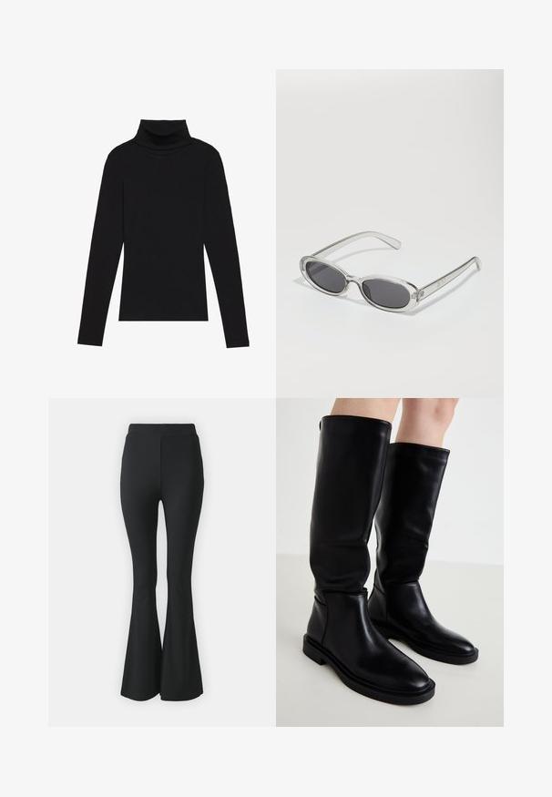 Top de gola alta de manga longa, preto, feito de tecido canelado, apresenta um design justo com um decote elevado e sem padrões ou detalhes.; Calças pretas de boca de sino feitas de tecido elástico. Apresentam uma cintura alta e um design suave e ajustado que se alarga a partir do joelho para baixo.; Botas pretas até ao joelho, feitas de couro liso, com bico arredondado, design minimalista e sola de borracha plana. Costuras laterais.; Óculos de sol com formato oval, armação de plástico transparente, lentes cinza-escuro e hastes finas transparentes com detalhes do logótipo e um design minimalista.
