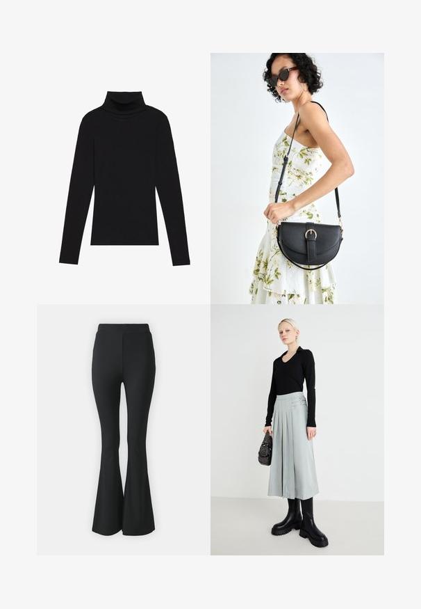 Musta poolalla pitkähihaisen pusero, joka on valmistettu ribbikankaasta, tarjoaa muotoilevan leikkauksen, jossa on korkea kaula-aukko eikä kuvioita tai koristeita.; Musta levenevä housut, jotka on valmistettu joustavasta kankaasta. Ominaisuuksia ovat korkea vyötärö ja sileä, istuva muotoilu, joka levenee polvista alaspäin.; Musta pitkähihaisuus paita, vaaleanharmaa liukuvärjätty hame kaksoisoljilla, ja mustat paksupohjaiset saappaat; hopea käsilaukku koristeilla.; Musta nahkainen käsilaukku, joka on kaareva muotoilultaan, irrotettavalla hihnalla ja kultaisilla yksityiskohdilla. Laukussa on läppä, jossa on solk yksityiskohta.