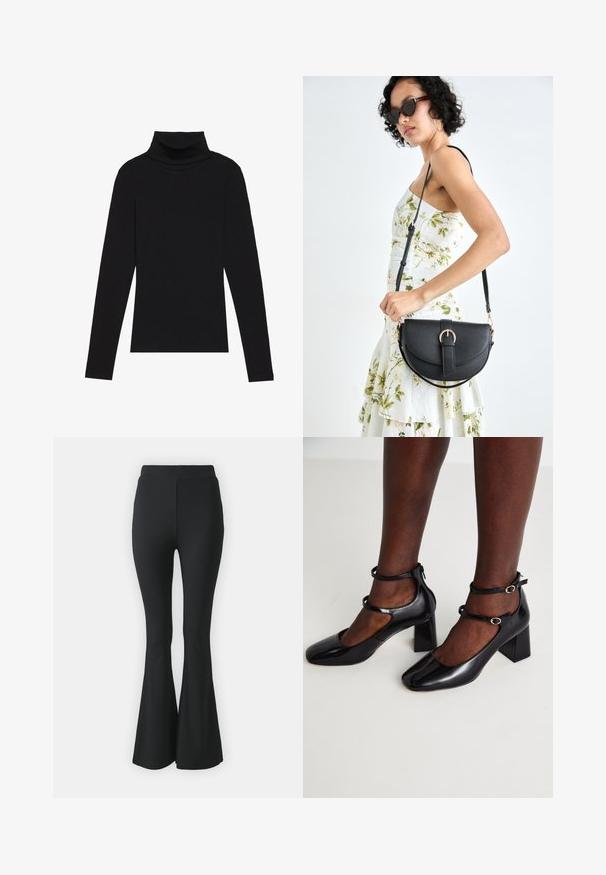 Melnā turtlenecka garām piedurknēm augšdaļa, izgatavota no ribotas auduma, ar pieguļošu piegriezumu, augstu kakla izgriezumu un bez rakstiem vai akcentiem.; Melni platas bikses, kas izgatavotas no elastīga auduma. Tām ir augsts viduklis un gluda, pieguloša forma, kas paplašinās no ceļa uz leju.; ALDO KAERI - Klasiski papēži - black; Melnas ādas rokassoma ar izliekta formu, noņemamu siksnu un zelta aksesuāriem. Somai ir vāciņš ar sprādzes detaļu.