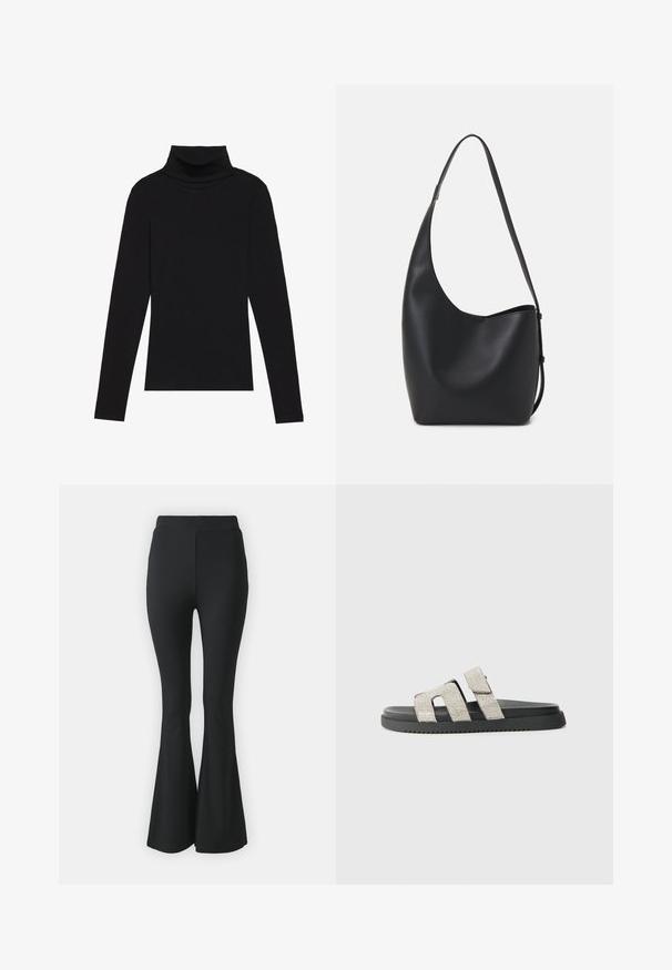 Svart høyhalset langermet topp, laget av ribbestrikket stoff, har en tettsittende design med høy hals og uten mønstre eller dekorasjoner.; Svarte vide bukser laget av elastisk stoff. Har høy midje og en glatt, tettsittende design som vidder ut fra kneet og nedover.; Svart såles sommer sandal med to vertikale bånd prydet med sølv rhinestones, flat design, gummitekstur og et subtilt mønster.; Svart lær hobo-veske med glatt tekstur, buet form og enkelt justerbart stropp; har en bred åpning på toppen.