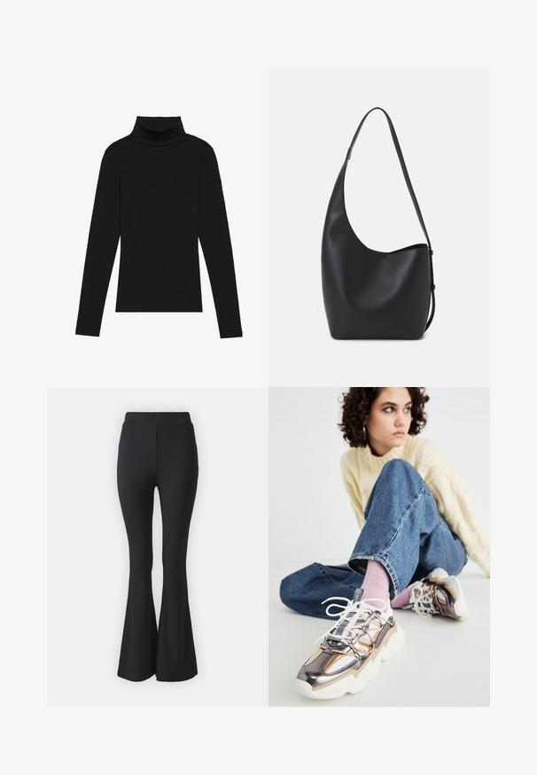 Top de manga larga de cuello alto negro, hecho de tela de canalé, presenta un diseño ajustado con un cuello alto y sin patrones ni acentos.; Pantalones acampanados negros hechos de tejido elástico. Presentan una cinturilla alta y un diseño ajustado y suave que se ensancha desde la rodilla hacia abajo.; Joven con cabello rizado, usando un suéter crema, jeans azules, calcetines rosas y zapatillas metálicas gruesas, sentado en el suelo mirando hacia otro lado.; Bolso tipo hobo de cuero negro con una textura suave, forma curvada y una sola correa ajustable; presenta una amplia apertura en la parte superior.